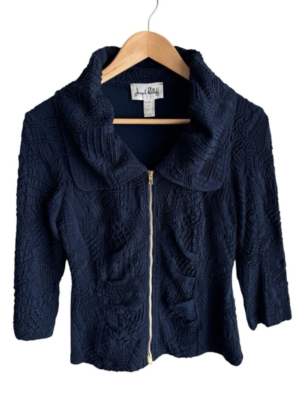 Vintage Joseph Ribkoff Textured Stretch Jacket Sz 8 Navy Zip Front Blazer EUC